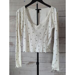 Forever 21 Ditsy Floral Crop Top White Lace Trim V-Neck Ribbed Y2K Cottagecore L